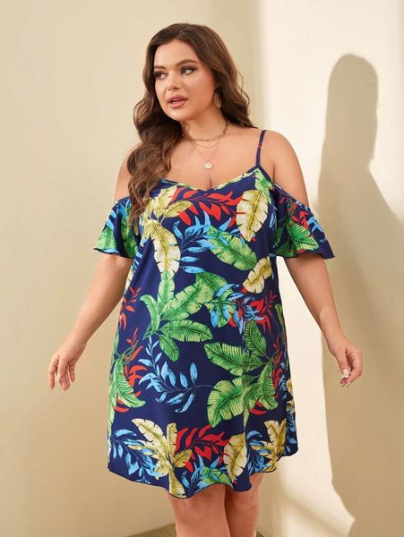 plus tropical print cold shoulder dress n80u#, Black